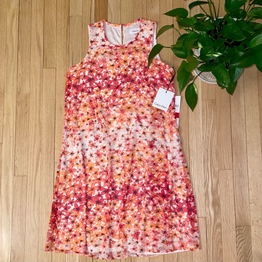 Calvin Klein womens shift dress sleeveless orange  red floral pattern size 4 NWT